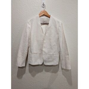 Ann Taylor Loft Blazer Jacket M Cream Textured Open Front Cropped Classic Ivory